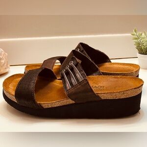 Woman’s Naot Brown Handmade Leather And Cork  Open Toe Sandals, Size 38